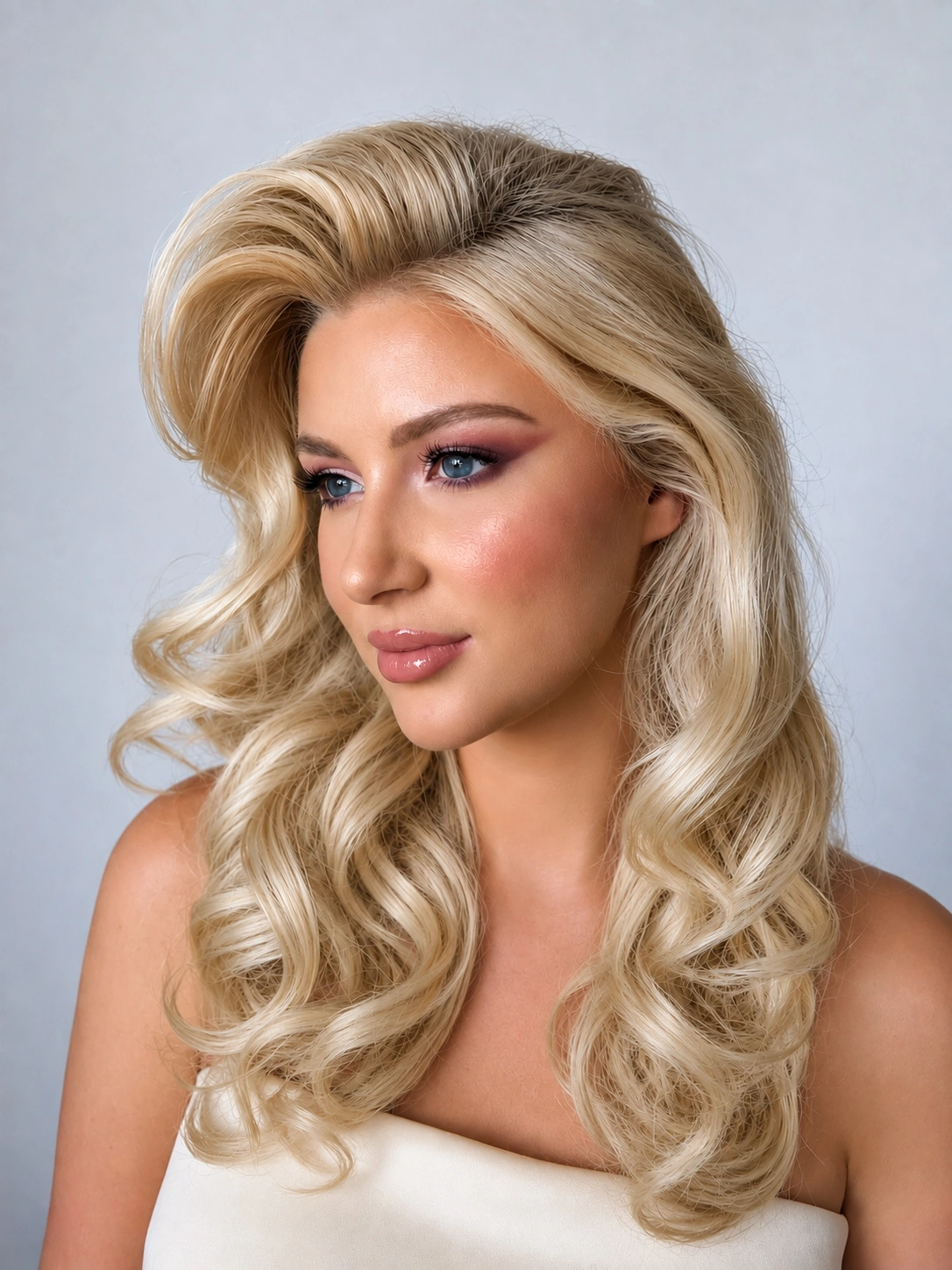 Bridal glam makeup with a bouncy blowout, side angle