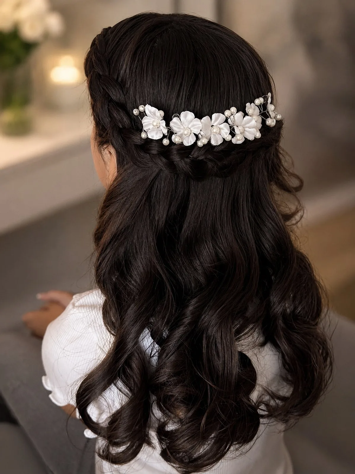 Bridal hair — half up with floral accessory